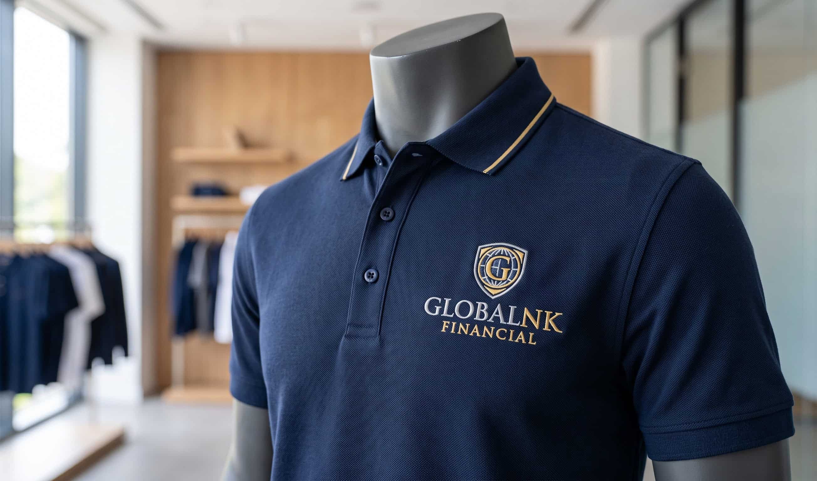 Embroidered chest logo on a business polo