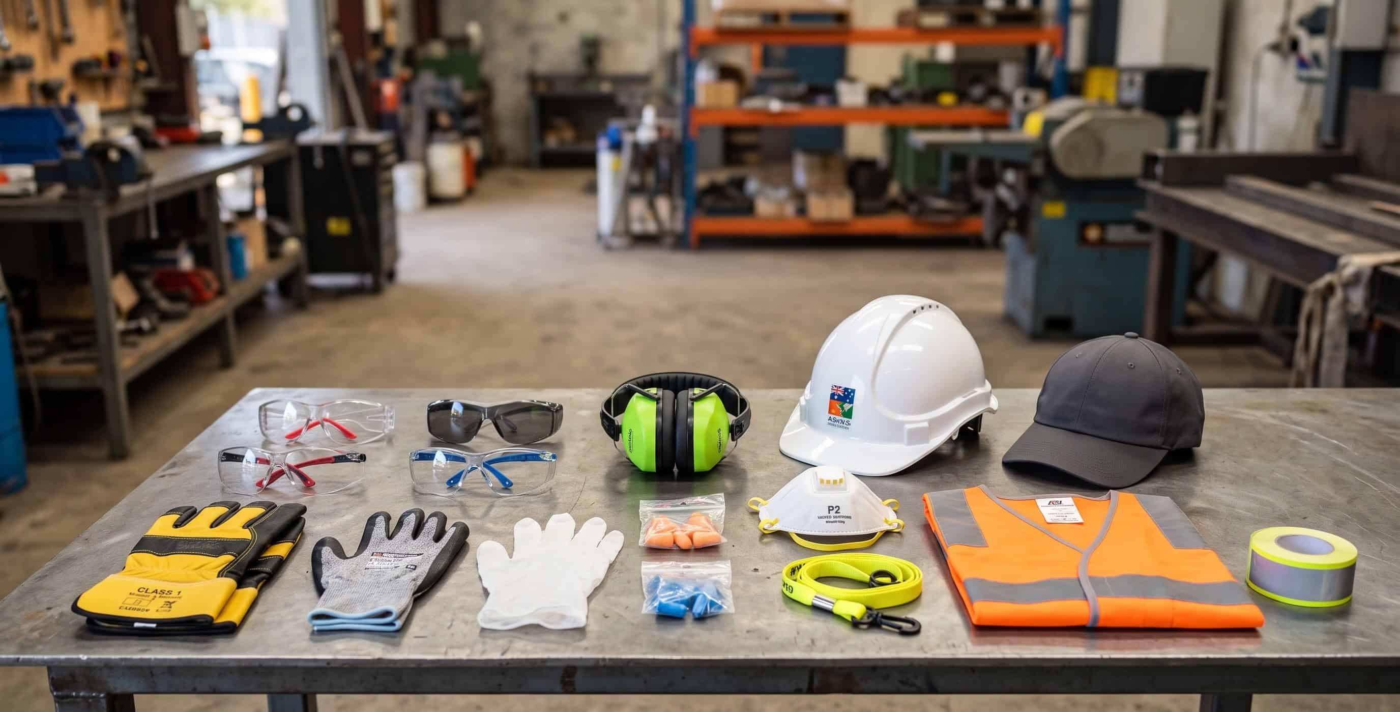 PPE items including safety glasses, gloves and ear protection