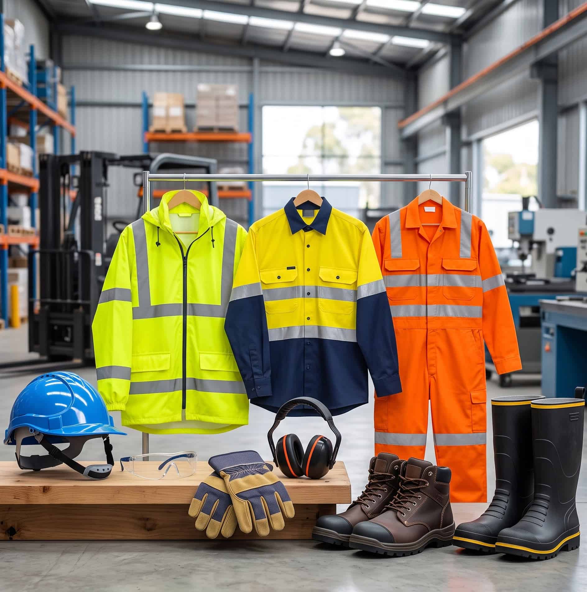 PPE safety gear including gloves, eyewear and hard hats