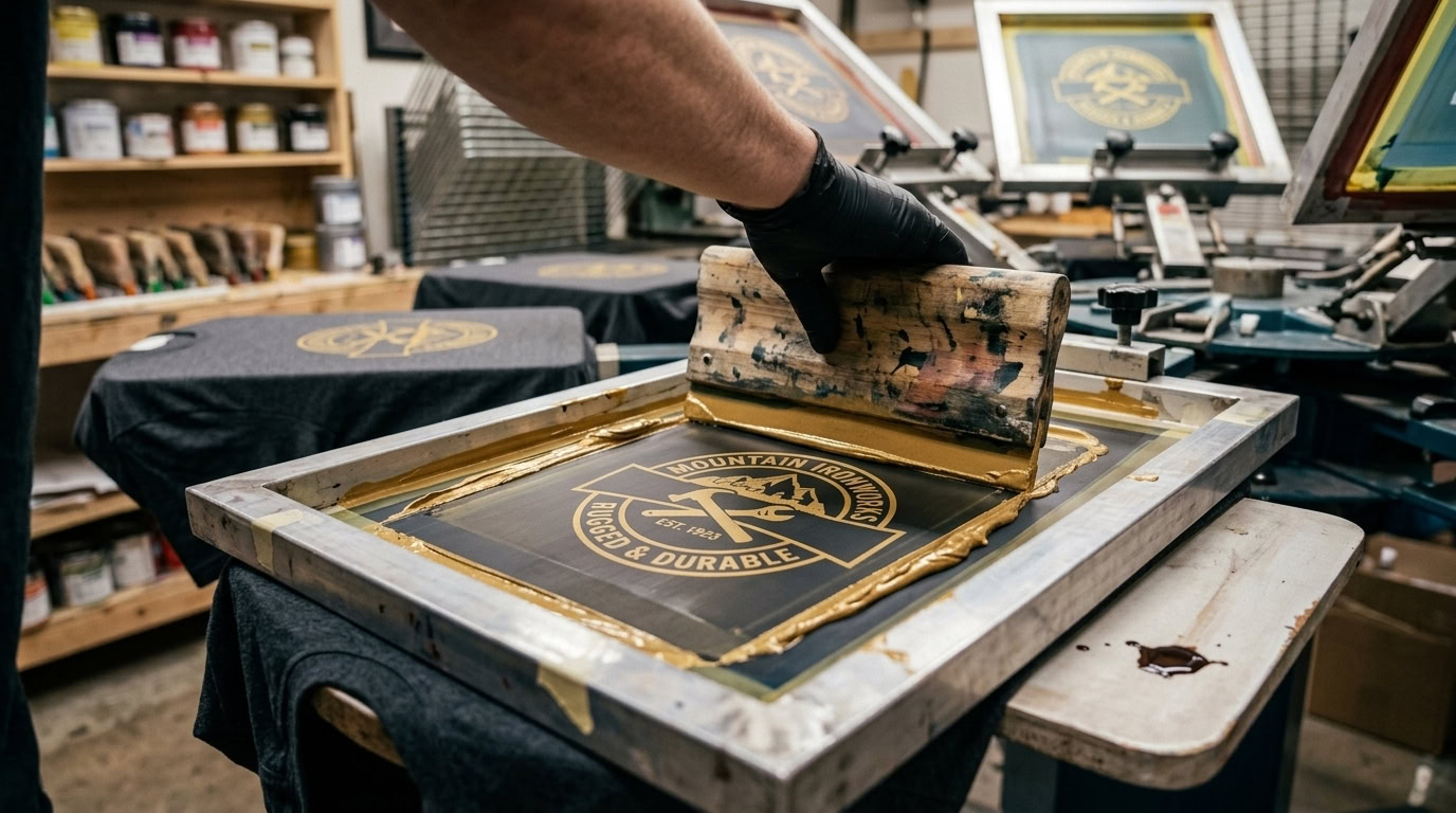 Screen printing press printing ink onto a row of t-shirts