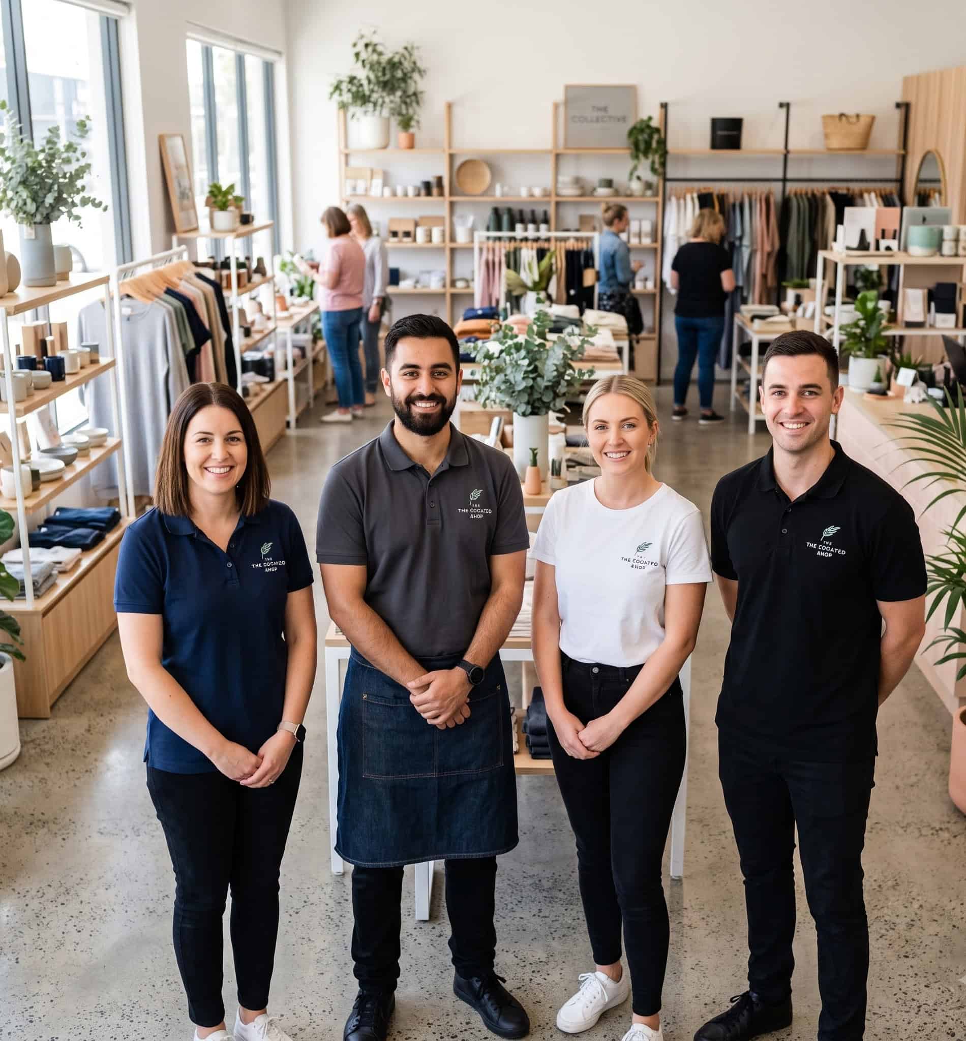 Retail staff in matching branded polo shirts