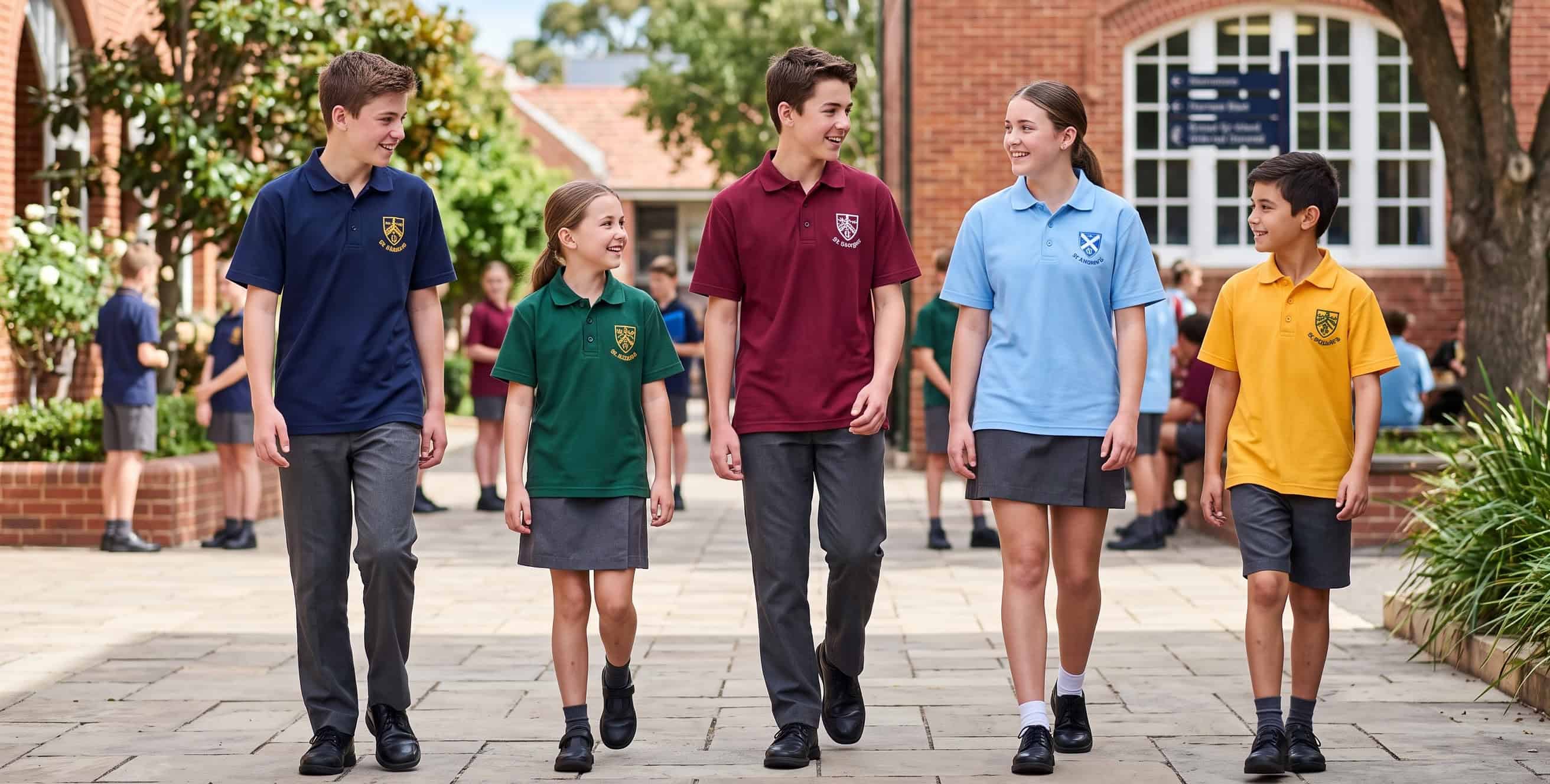 School polos in house colours with an embroidered crest