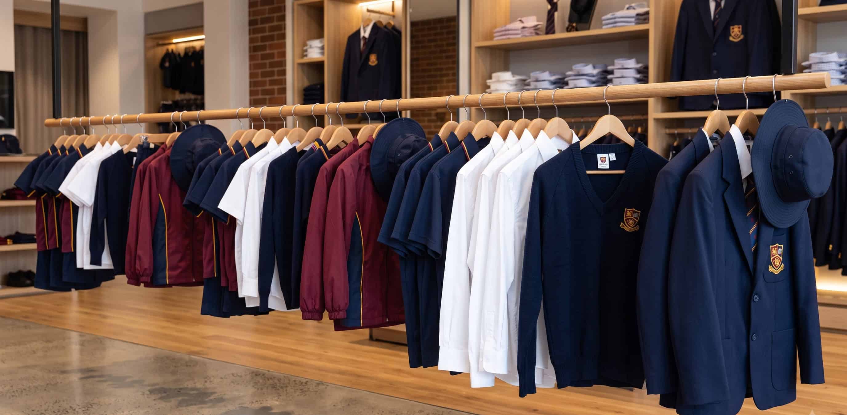 Range of school uniform sizes laid out from prep to senior