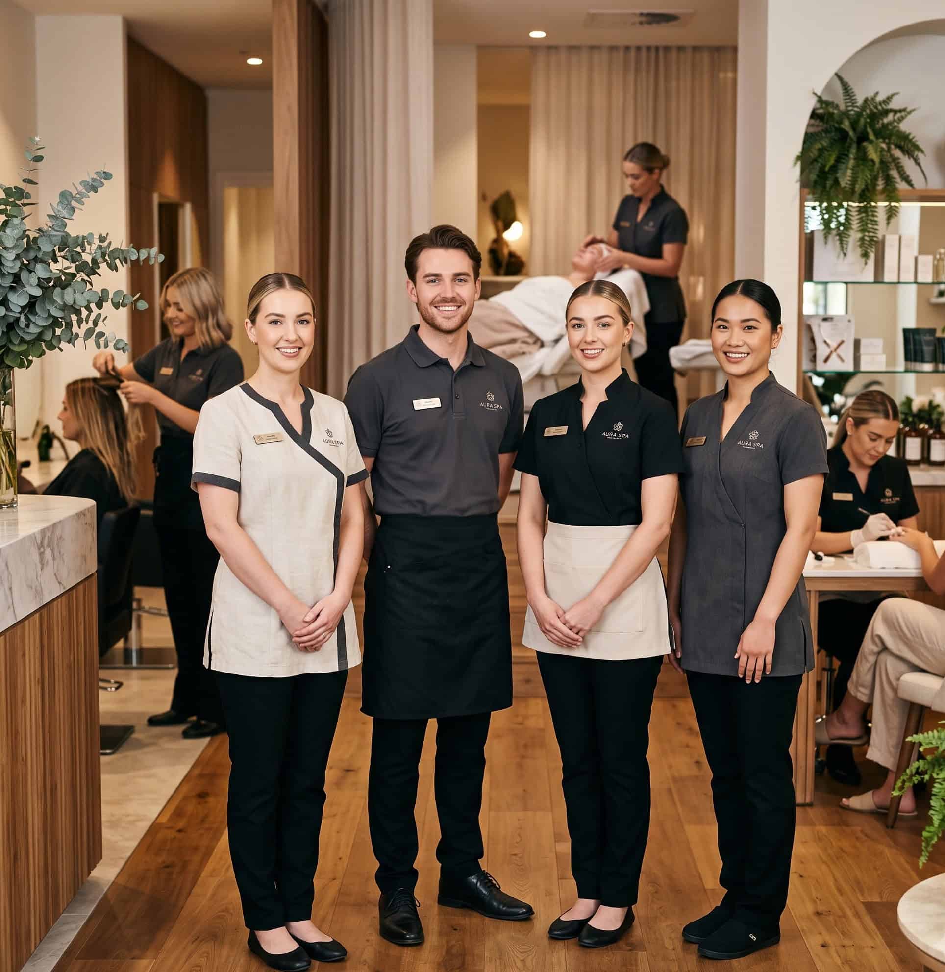Spa and salon staff in soft embroidered tunics