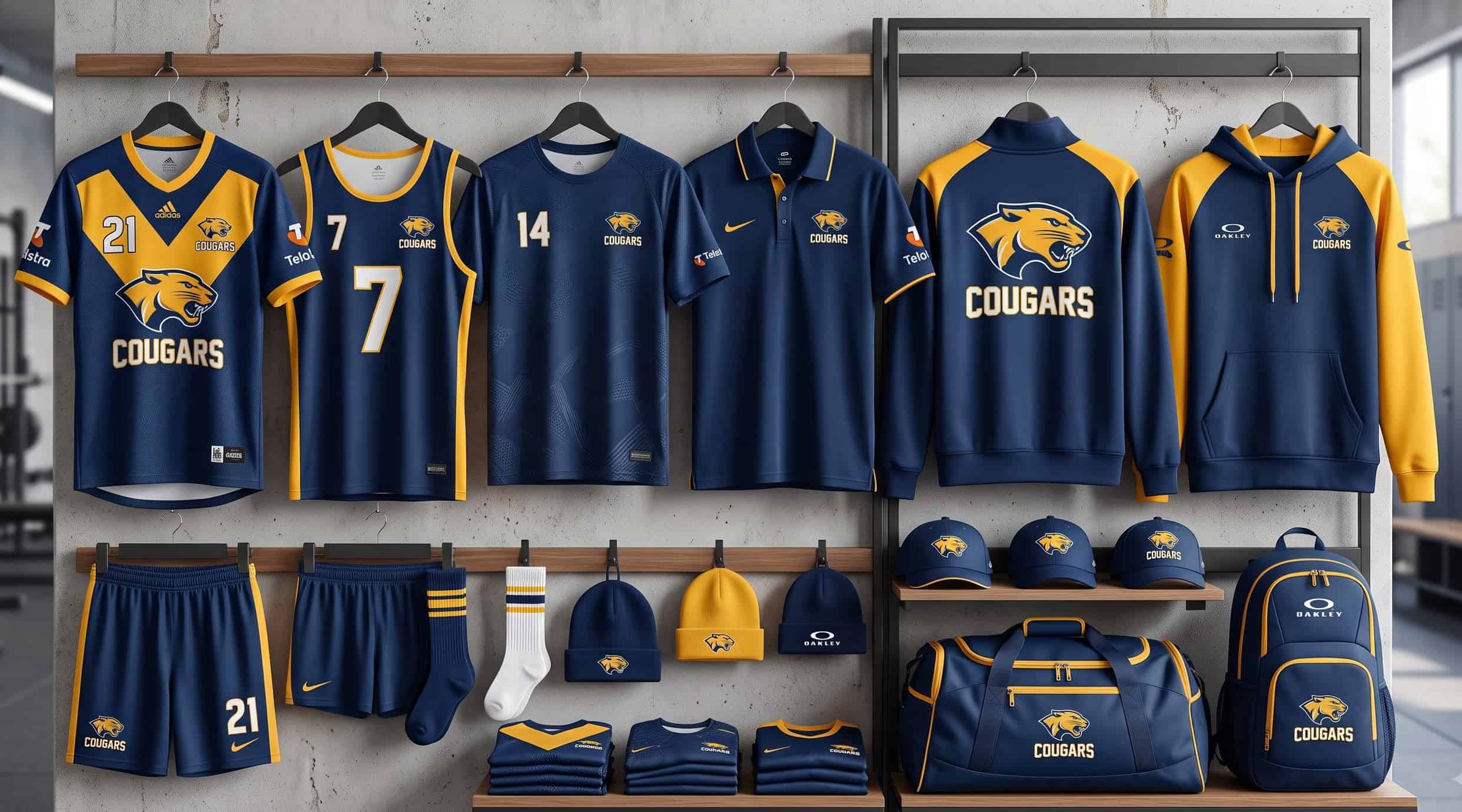 Sublimated team jerseys with numbers laid out on a table