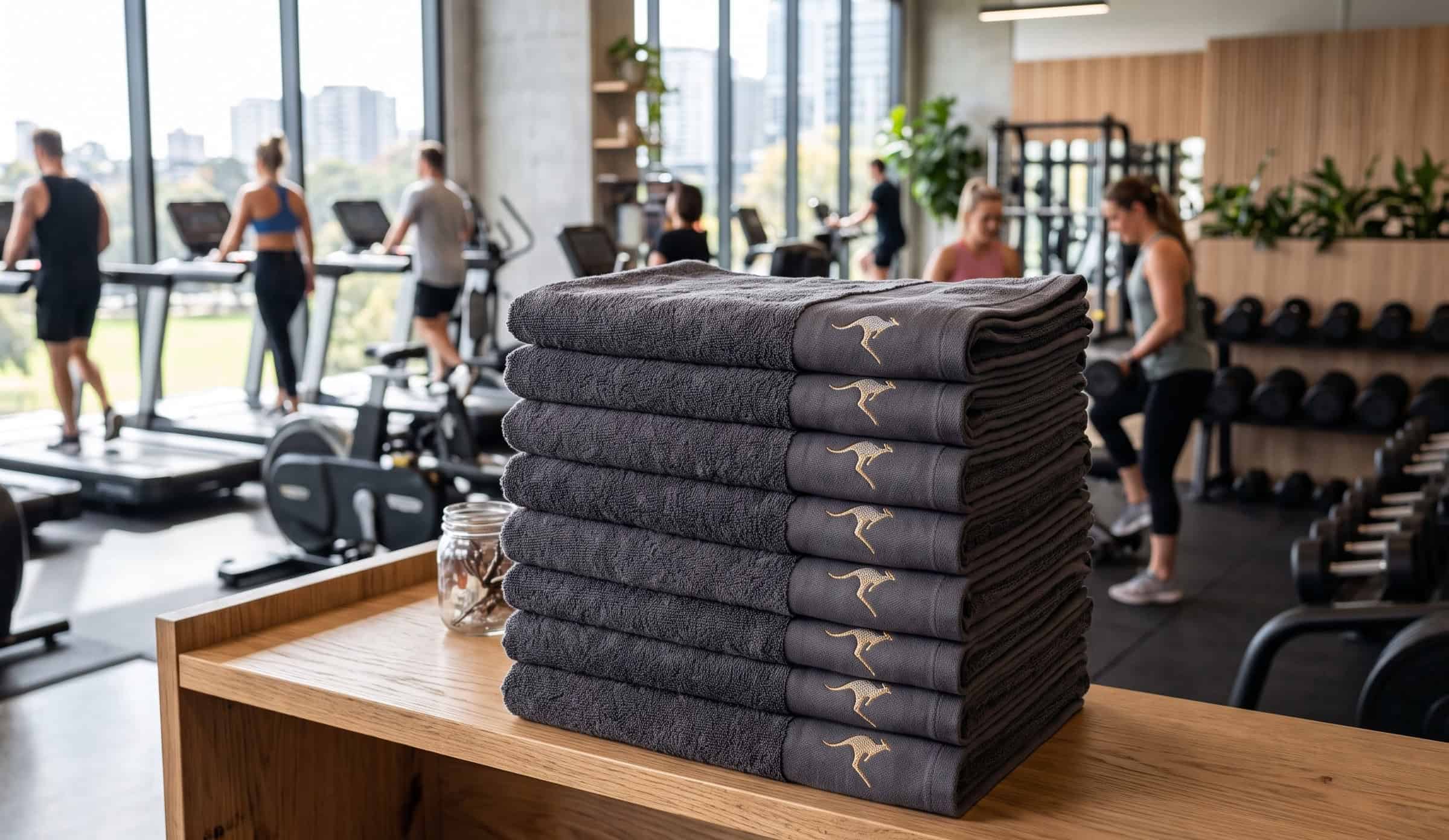 Stack of embroidered sports towels for a gym