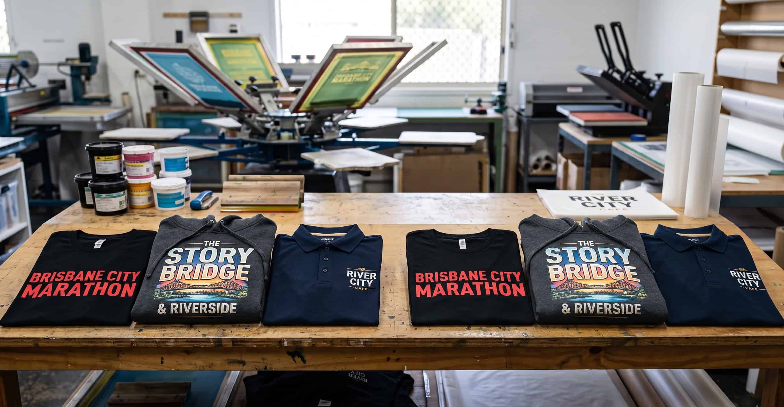 Screen printed and DTF samples showing different Brisbane jobs