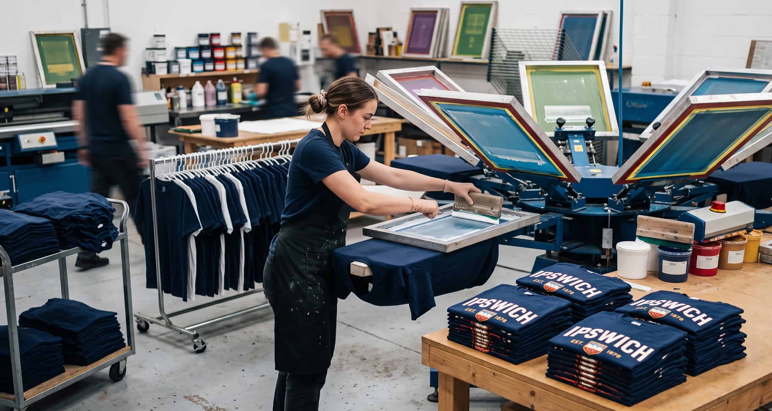 Screen printing setup for a bulk Ipswich t-shirt order 