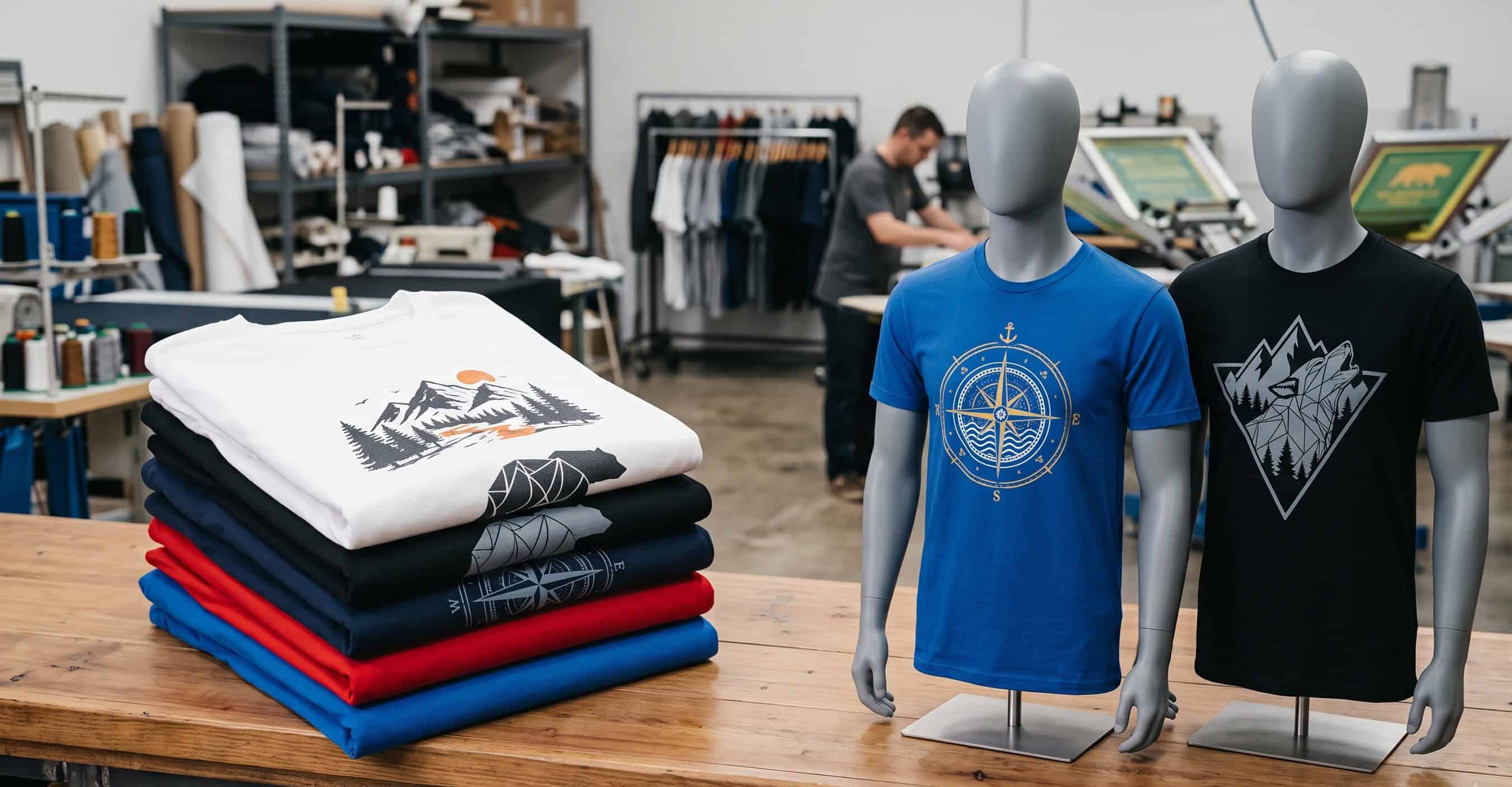 Stack of custom printed t-shirts in dark colours