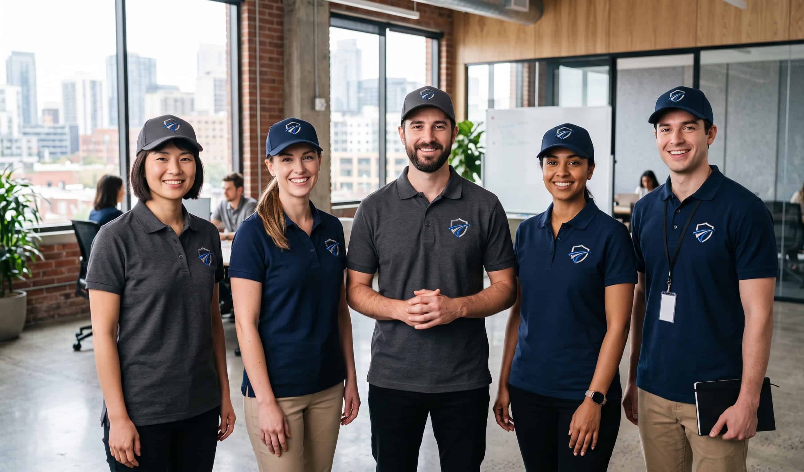 A small team in matching branded polos and caps