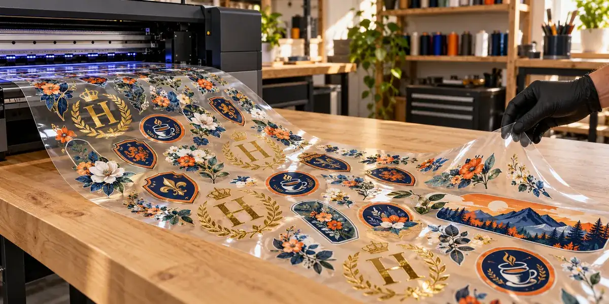 A metre-long UV DTF gang sheet of full-colour logos printed at Shopace in Sumner