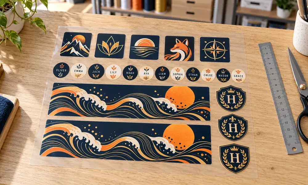 Example UV DTF gang sheet mixing small logos, a cup wrap and name labels