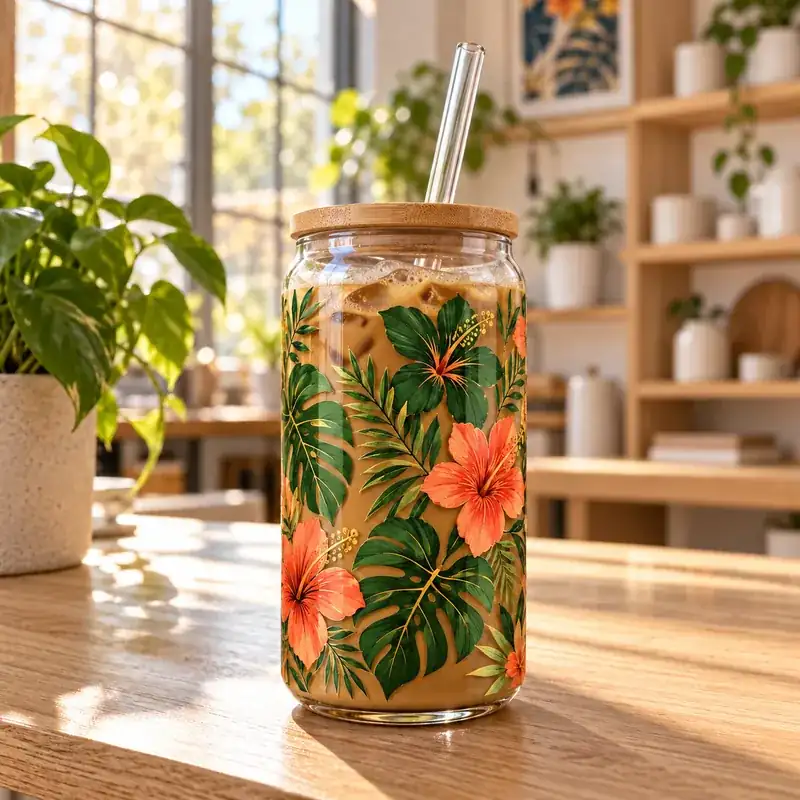 16oz glass can cup decorated with a full-colour UV DTF wrap