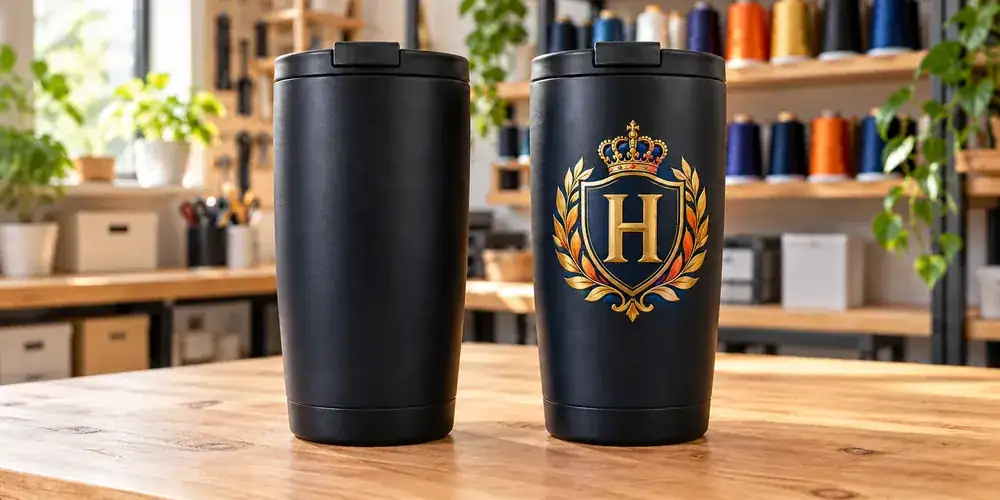 Plain tumbler next to the same tumbler branded with a UV DTF logo