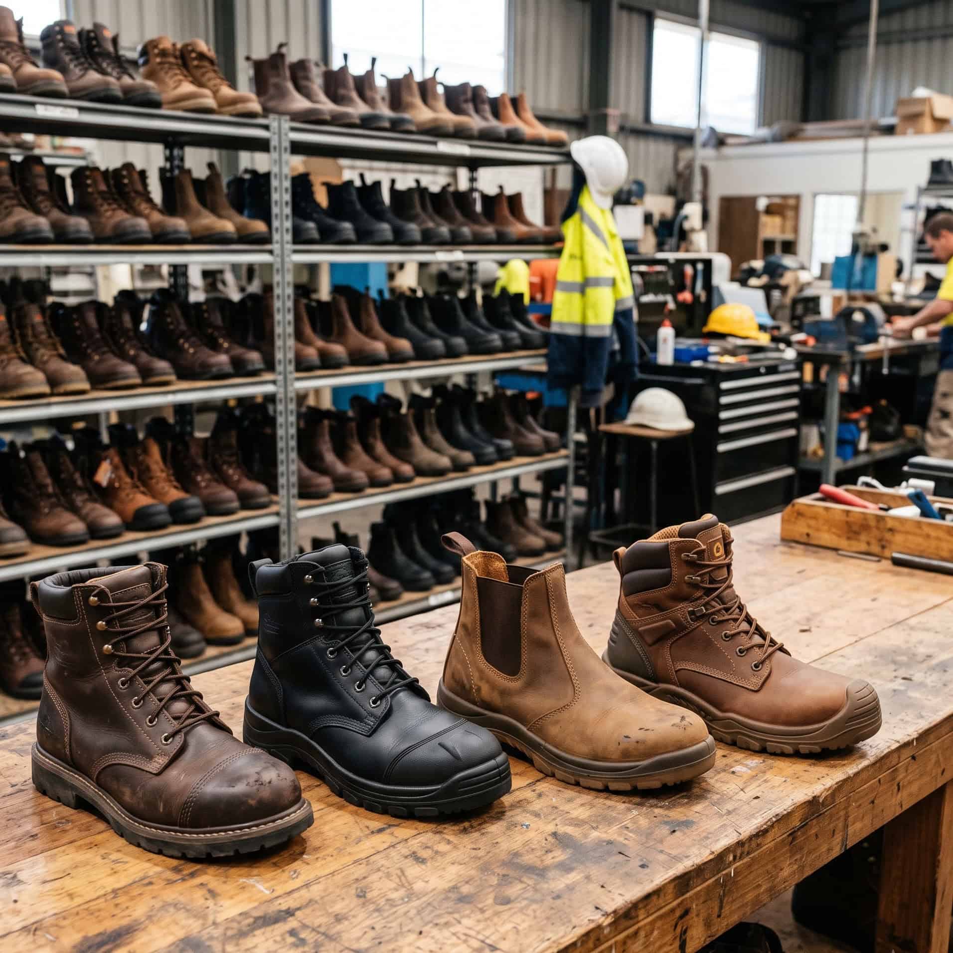 Steel-cap work boots alongside branded workwear