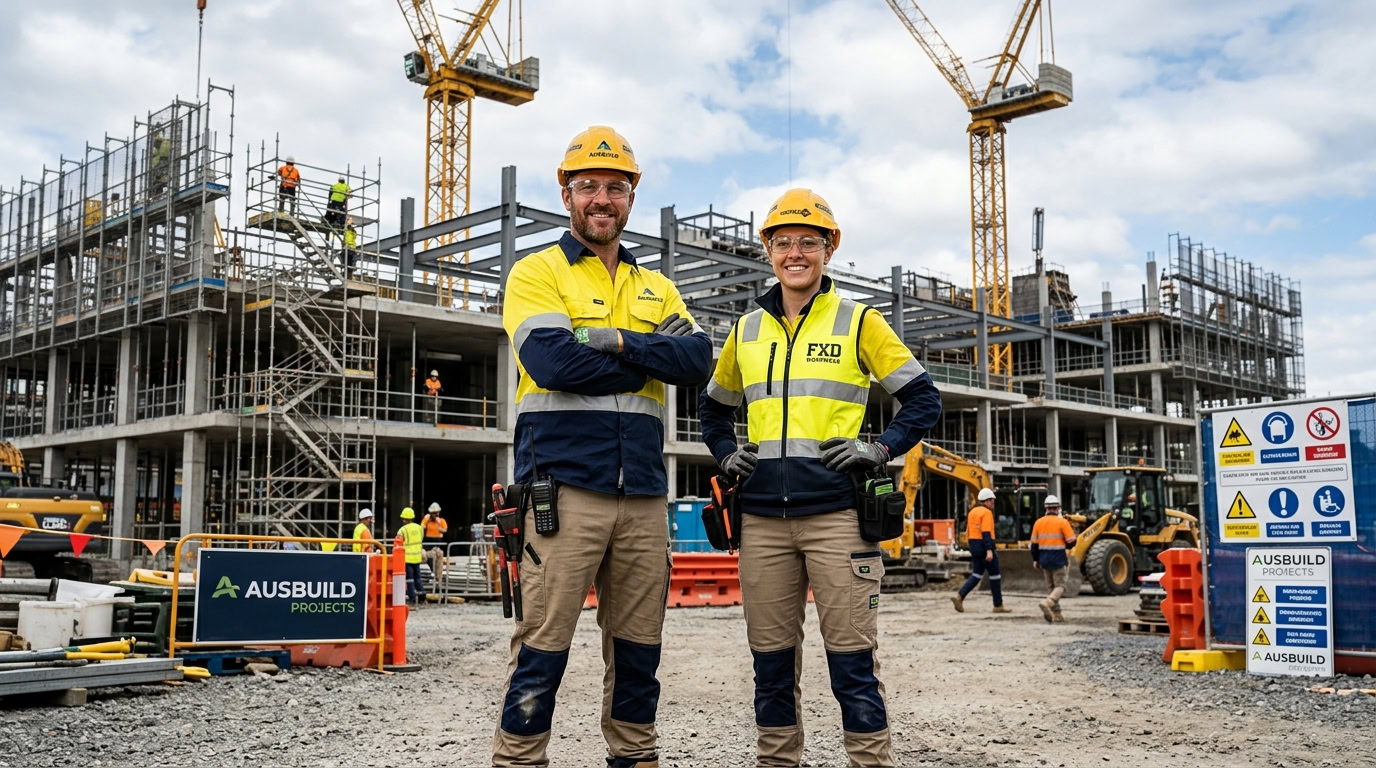 Tradie wearing a branded hi-vis work shirt on site