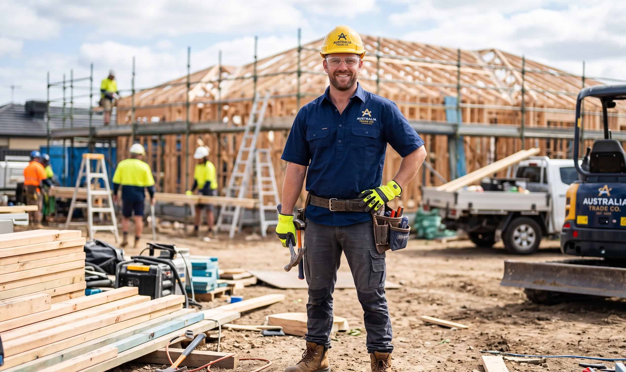 A new tradie in branded work shirts on a job site
