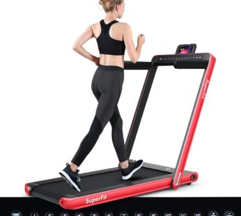 Foldable Electric Treadmill, 2-In-1 Walking Pad Treadmill w/ Dual Display, Under Desk Walking & Running Exercise Machine, 2.25HP Motor, w/Bluetooth Speaker, Remote Control and LED Display, for Home Gym Office