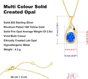 Heart’s Art Australia| Jewellery gifts for women| Modern Blue Fire Opal Pendant| 45-50cm Sterling Silver Chain|10x8mm Created Opal Necklace| Wedding Anniversary Birthday gift Girl
