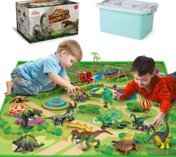 Dinosaur Toys – 12 Pcs Dinosaur Figures, Activity Play Mat & Trees for Creating a Dino World Including T-Rex, Triceratops, etc, Perfect Dinosaur Playset for 3,4,5,6 Years Old Kids, Boys & Girls