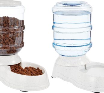 Amazon Basics Automatic Dog Cat Feeder and Water Dispenser Gravity Feeder and Waterer Set, Large, 5.44 KG Food Capacity, 2.5-Gallon Water Capacity