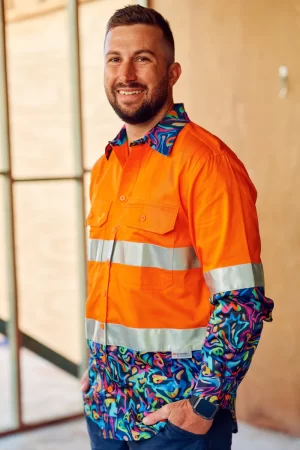 Men's Pearler Orange Day/Night Hi Vis 2.0 Full Button Work Shirt - Image 4