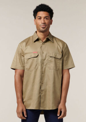 Short Sleeve Open Front Cotton Drill Work Shirt - Image 13